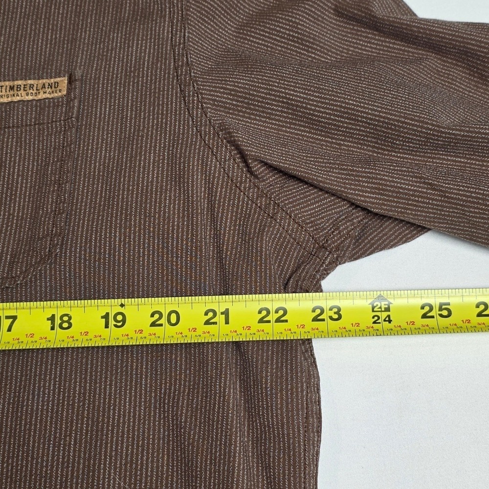 Timberland Button Down Mens Large Brown Micro Stripe Roll Tab Sleeve Snap Shirt - Picture 3 of 6